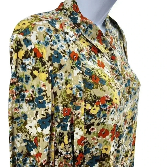 J Jill Women M Wheat Button Down Floral Blouse Fabric Buttons Bell Sleeve Career - Picture 6 of 16